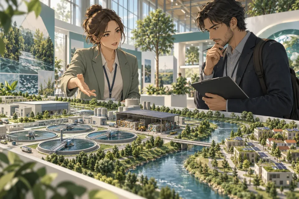 Illustration of an engineer explaining a water treatment and recycling model to a visitor at a green technology exhibition.