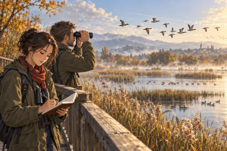 Illustration of two birdwatchers recording a count from a boardwalk beside an autumn wetland.