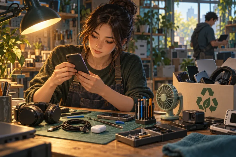 Illustration of a woman inspecting an old phone at a workbench with repair tools and reusable electronics.