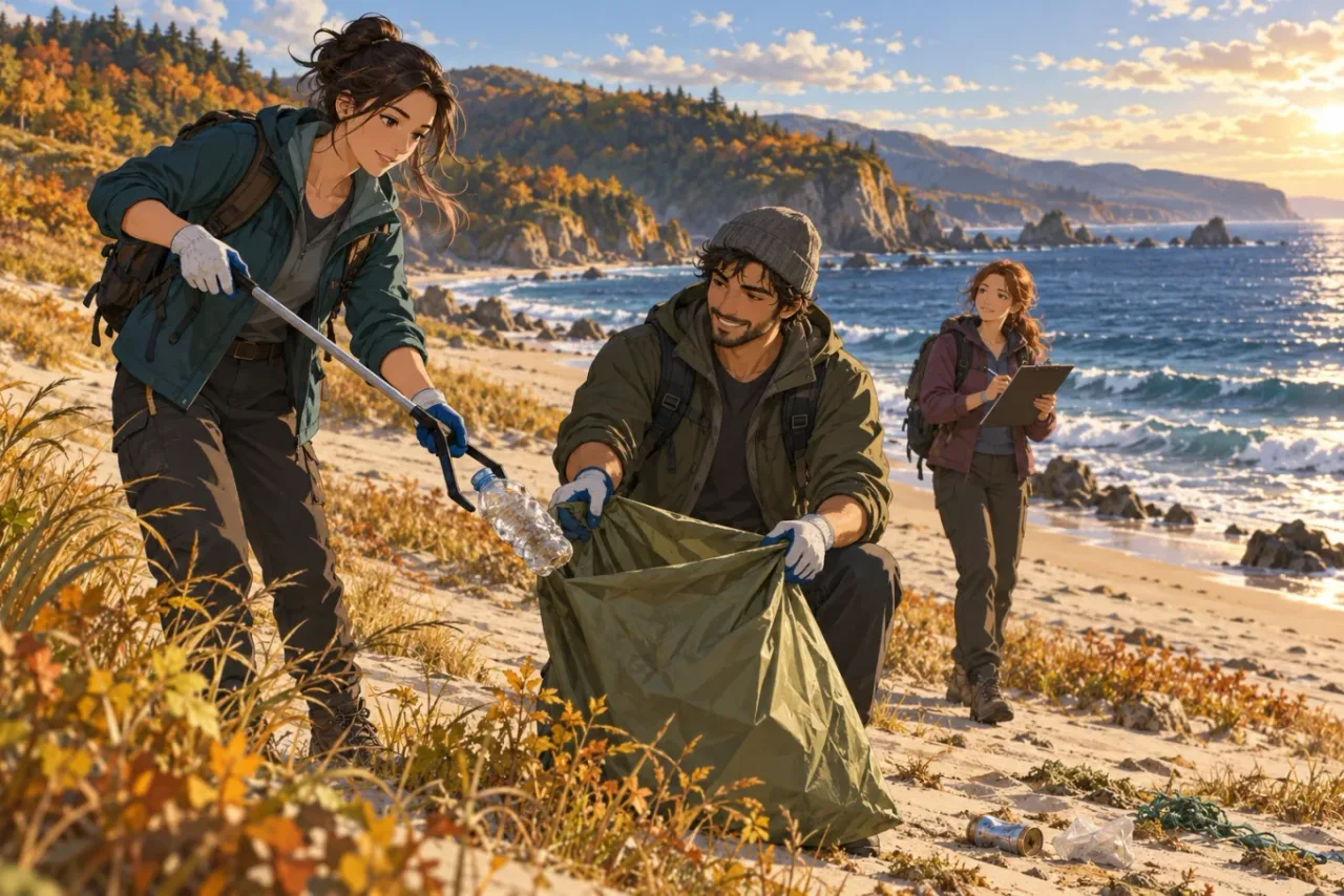 Illustration of volunteers collecting and recording litter on a rocky Black Sea shoreline.