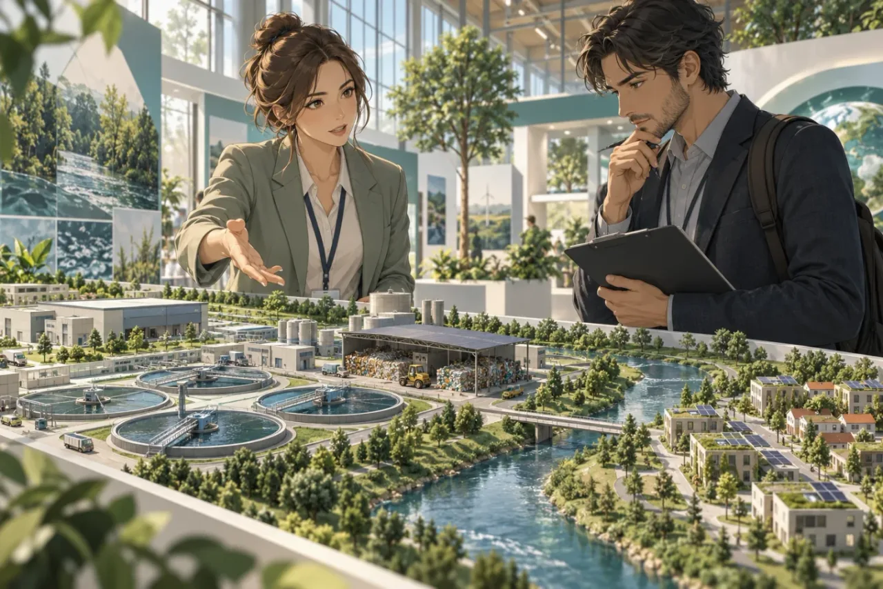Illustration of an engineer explaining a water treatment and recycling model to a visitor at a green technology exhibition.