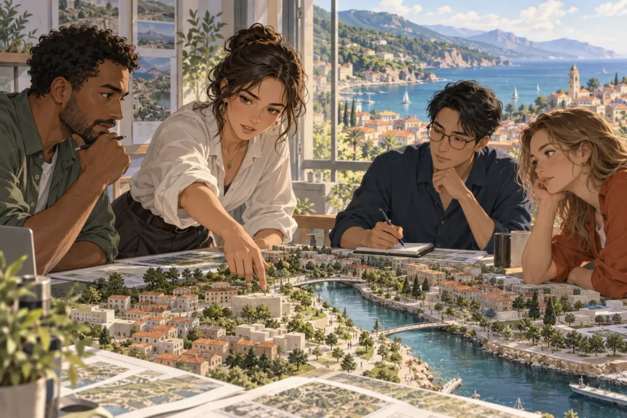 Illustration of residents discussing climate adaptation around a model of a coastal town.